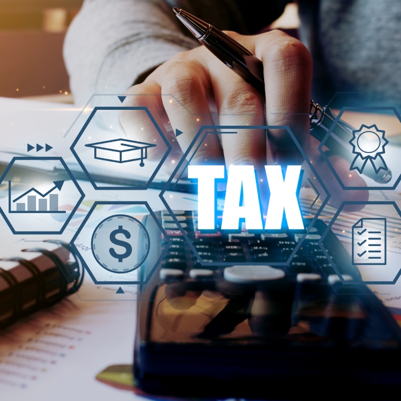 Person using a calculator to calculate taxes, with icons representing education, income, awards, and a checklist