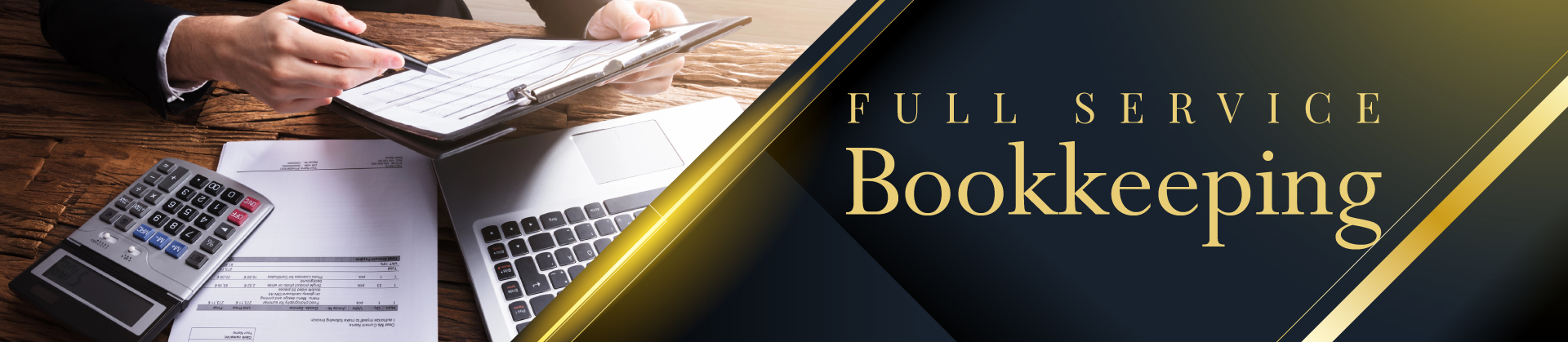 A person working on bookkeeping tasks with a calculator and laptop, showcasing the comprehensive nature of full-service bookkeeping