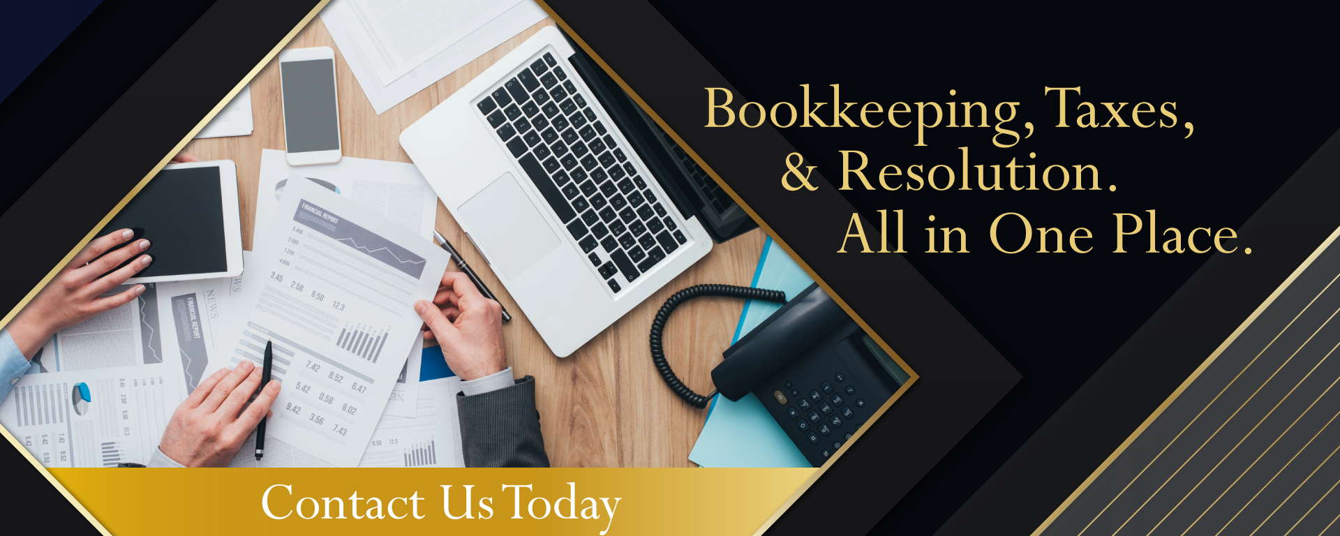People working on financial documents with a laptop and phone, emphasizing the concept of one-stop-shop for bookkeeping, taxes, and resolution
